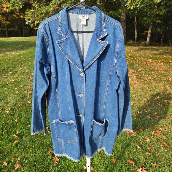 Vintage Cervelle Long Fitted Denim Jacket Jean Blazer Frayed Stud Trim sz Large - Picture 5 of 15
